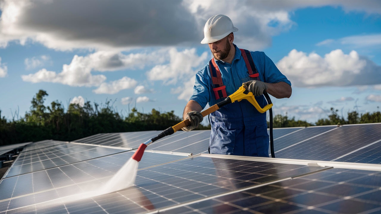 Solar panel cleaning service in progress for efficiency